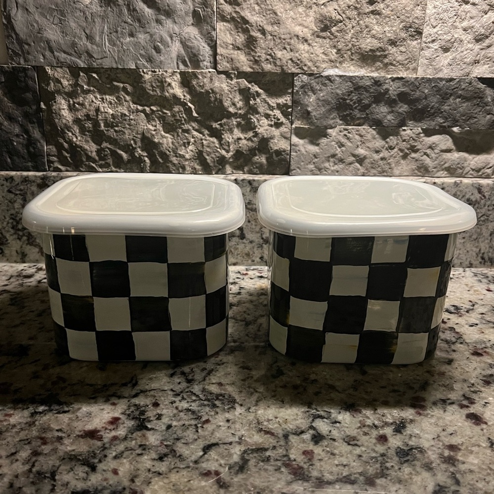 MACKENZIE-CHILDS Courtly Check Enamel Square Storage containers. Set of 2!